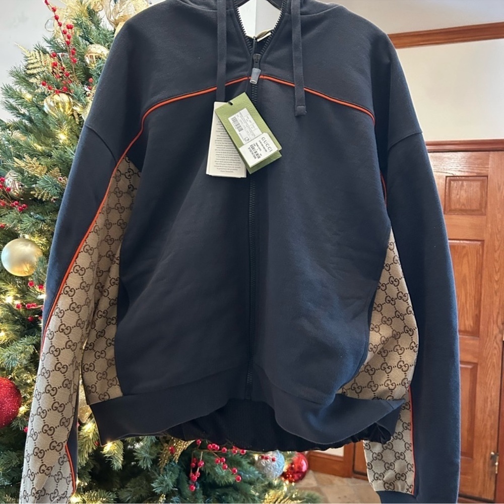 Men’s Gucci, cotton jersey, zip jacket/hoodie signature GG supreme size large